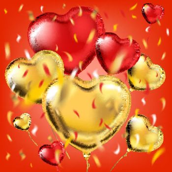 Gold and red metallic heart shape balloons and foil confetti in air. Vector template for Valentines Day, birthday, night party and any holiday events