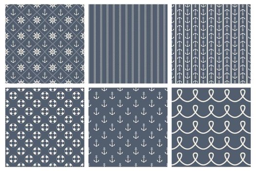 White, Blue Vector Nautical Seamless Pattern Set. Sea, Marine Backgrounds. Seamless Texture, Hand Drawn Nautical Anchors, Marine Wheels, Ropes, Lifebuoys. Design Template for Textile, Wallpaper, Print.