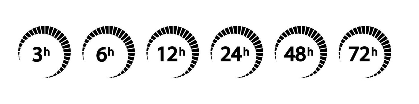 Clock arrow 1, 3, 6, 9, 12, 16, 24, 48 72 hours Set of delivery service time icons