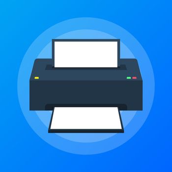 Flat printer icon. printer with paper a4 sheet and printed text document.
