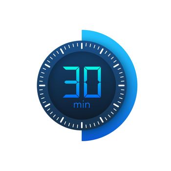 The 30 minutes, stopwatch vector icon. Stopwatch icon in flat style on a white background. Vector stock illustration