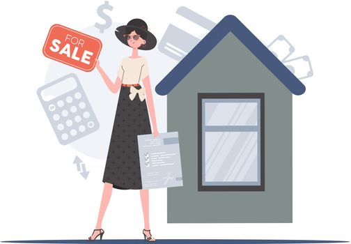 The girl is holding documents and a sign in her hands for sale. The concept of selling a house. trendy style. Vector illustration.
