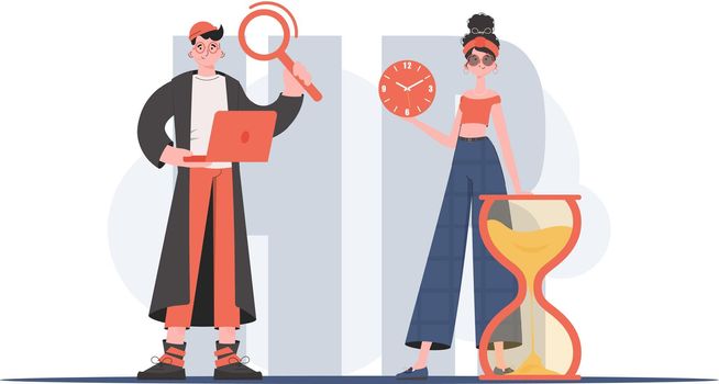 A man and a woman stand in full growth and hold a watch and a magnifying glass in their hands. Human resource. Element for presentation. Vector illustration