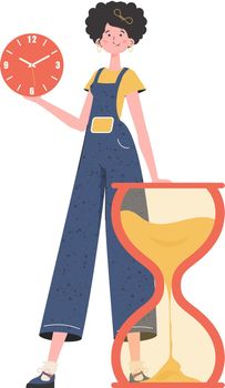 A woman stands in full growth next to an hourglass. Isolated. Element for presentation. Vector illustration