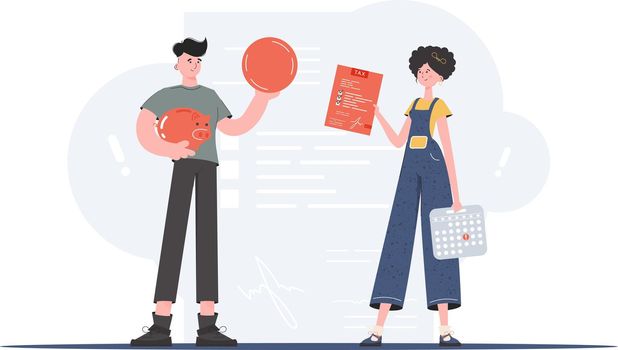 A man and a woman stand in full growth holding a coin and a tax declaration form. Payment of taxes. Element for presentation. Vector illustration