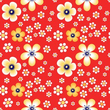 Flowers on Red field. Vector seamless pattern in Khokhloma style