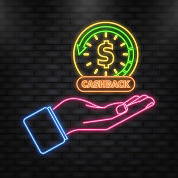 Neon Icon. Cartoon icon with cashback in hand. Editable illustration. Fast money concept. Editable stroke