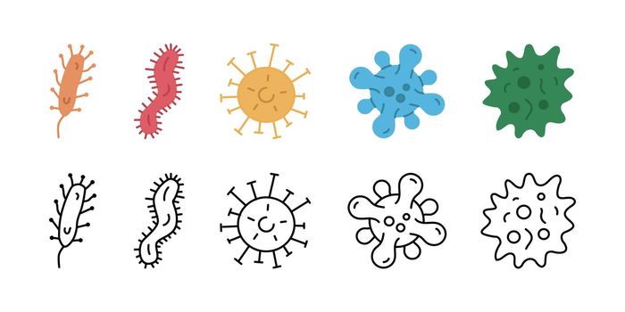 Viruses and bacteria, microorganisms vector illustration isolated on white background