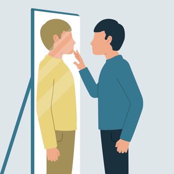 The man looks in the mirror and see the reflection of a stranger. Dissociative identity disorder