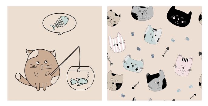 Cartoon kitty cat design set in vector. Collection of patterns with kittens paintings