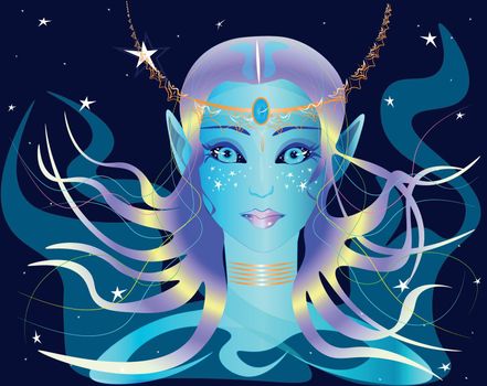 The image of a star elf. All the shades of the mysterious cosmos sparkle in the elf's hair. Stars shine in her eyes. Magic, sorcery and miracles are the elements of the space princess.