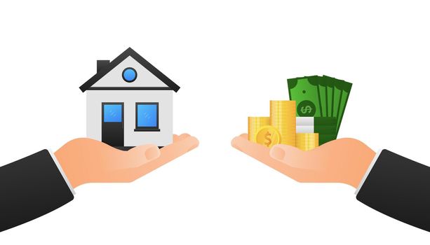 Business economy symbol. House compare coins. Business vector icon. Vector illustration. Financial investment.