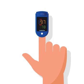 Pulse oximeter on finger. Measurement of pulse and saturation of blood with oxygen. Vector illustration