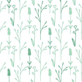 Herbs and greenery vector seamless pattern. Botanical natural background with green field herbs and flowers. Print for textiles, wallpaper, packaging and paper. Herbal repeat template