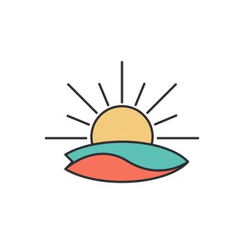 Surfing and sun vintage logo vector illustration. Emblem surfboard on sunset background. Color simple sport icon. Tropical exotic water vacation concept