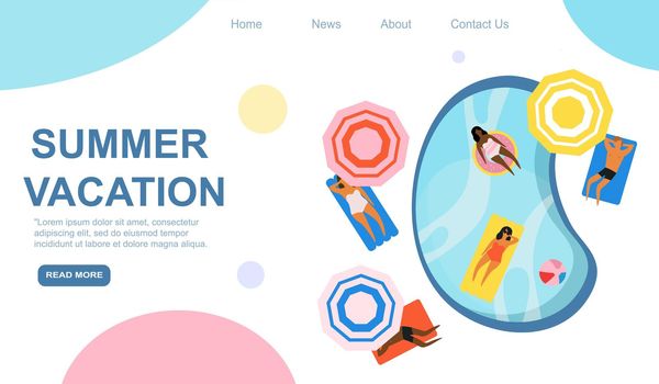 Summer vacation web banner interface with people floating on lifebuoy in pool or sea, flat vector illustration. Landing or presentation page template with people enjoying sun.