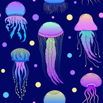 Seamless pattern with colorful hand drawn jellyfishes on dark blue background