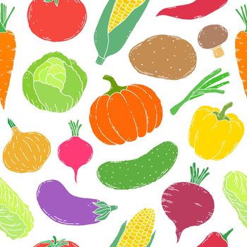 Seamless pattern with hand drawn vegetables on white background