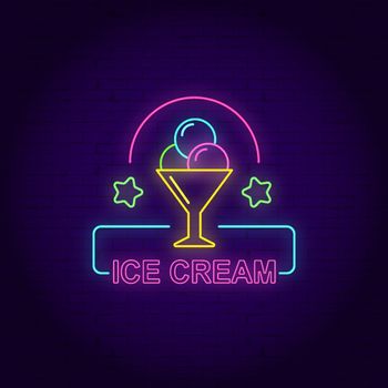 Vintage Glow Poster with Ice Cream Cream Balls in Cone, Candies and Inscription. Neon Lettering. Template for Flyer, Banner, Invitation. Brick Wall. Vector 3d Illustration. Clipping Mask, Editable