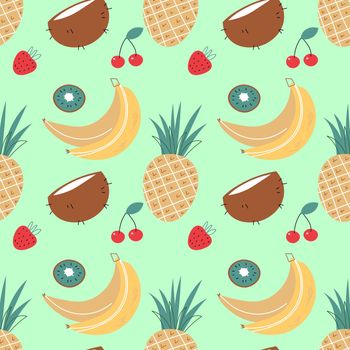 Abstract seamless pattern with fruits and berries. Hand draw texture. Vector template for cards, banners, print fabric, t-shirt. Pastel colors.