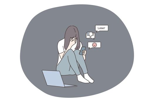 Depression, frustration, mental stress, anxiety concept. Suffering from bullying in social media network and bad news. Depressed frustrated crying woman teen student with mobile phone reading messages