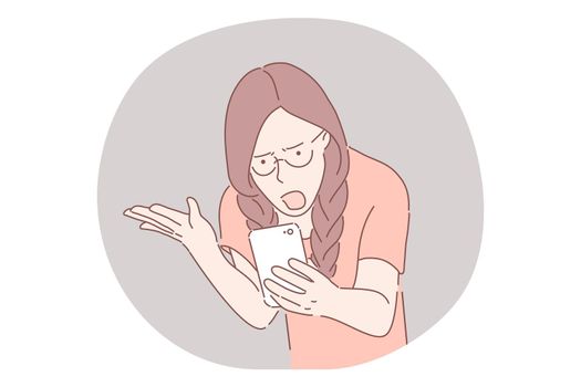 Online quarrelling, conflict, showdown, bullying concept. Young aggressive woman cartoon character quarrelling online with somebody during video call, chat, message, application for communication