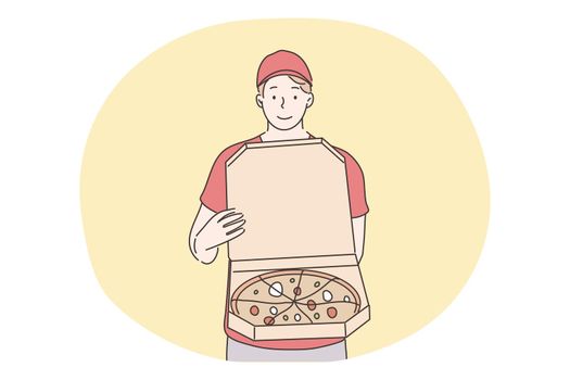 Pizza, home food delivery concept. Young smiling man boy courier supplier cartoon character standing with online order pizza cutting on slices. Fast supply service and ordering takeout illustration.