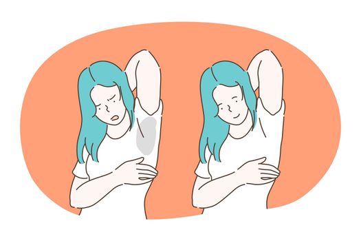Sweating, unpleasant smell in armpits, using deodorant concept. Young woman cartoon character feeling frustrated having sweating wet pot under arm on t-shirt and feeling happy with clean dry armpit