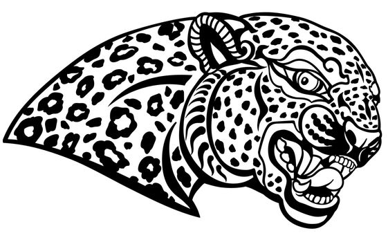 Head of a roaring leopard. Aggressive spotted panther jaguar. Tattoo, emblem, logo, mascot. Side view isolated vector illustration. Black and white