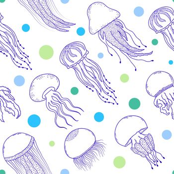 Seamless pattern with jellyfishes and circles on white background.