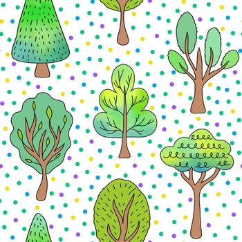 Seamless pattern with trees and dots on white background.