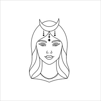 Mystic womans face with crescent moon on her head. Line art vector illustration..
