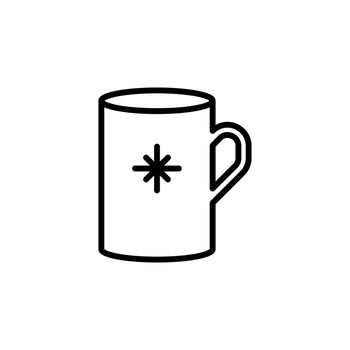 Cute mug vector icon. Porcelain cup with a snowflake isolated on white background. Minimalist line art.