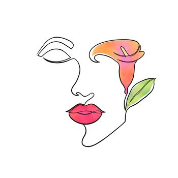 Woman face with watercolor calla flower on white background.