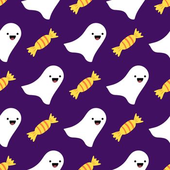 Halloween seamless pattern with cute ghosts on a dark background. Purple background with funny spooks and candies in cartoon style. Poster with Halloween characters in trendy colors. Vector format