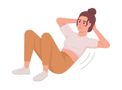 Smiling woman doing abdominal crunches semi flat color vector character. Editable figure. Full body person on white. Simple cartoon style illustration for web graphic design and animation