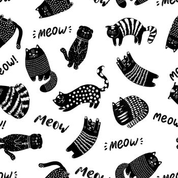 Cute Funny Doodle Cats Seamless Pattern. Fabric and textile surface pattern design. Vector illustration
