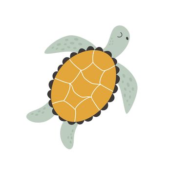 Under water, a cute turtle swims under the water like a beast. Aqua wildlife vector illustration