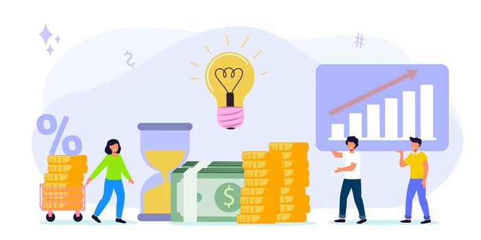 Invest in best idea Investment and analysis money cash profits metaphor Flat design tiny people and business concept for trading Economical wealth revenue visualized as pile of cash vector illustration