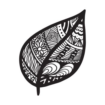 Vector zen tangle and doodle leaf. Nature coloring book. Black and white zentangle. Doodle handdrawn illustration.