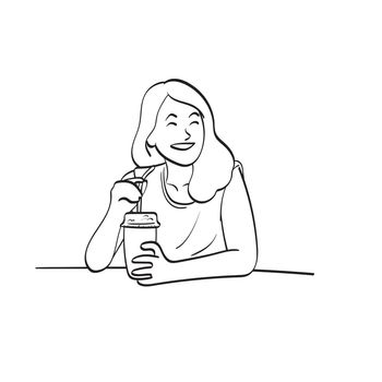 smiling woman holding takeaway iced coffee on table illustration vector hand drawn isolated on white background line art.