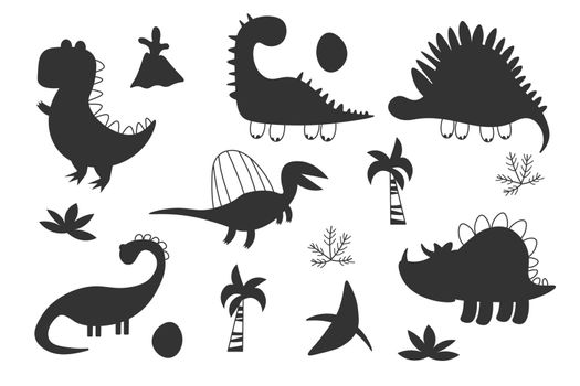 Dinosaur black silhouette set. Reptile shape collection, predators and herbivores dino. Funny dinosaurs. Kids design for fabric or textile. Vector illustration isolated