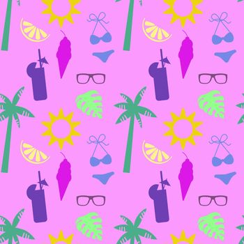 Seamless pattern with theme of beach and cocktails and ice cream and palm trees