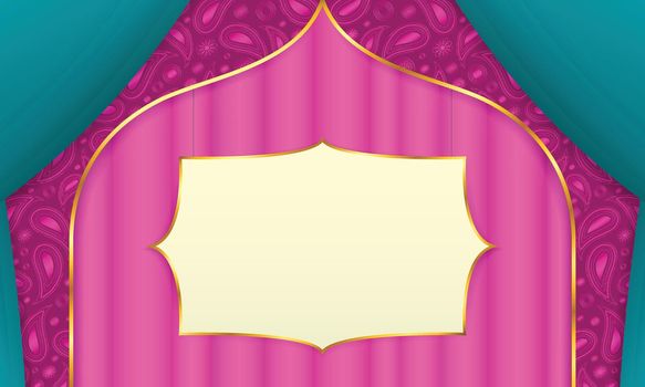 Pink background with curtains and paisley decoration, in indian style. Blank blackboard with gold frame in the middle.