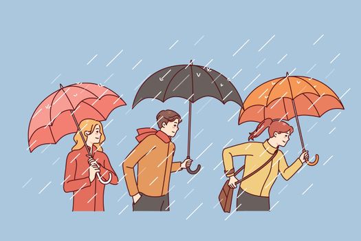People with umbrellas walking on rainy day. Men and women outside under rain. Weather changes, autumn season concept. Vector illustration.