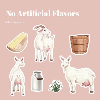Sticker template with goat milk and cheese farm concept,watercolor style