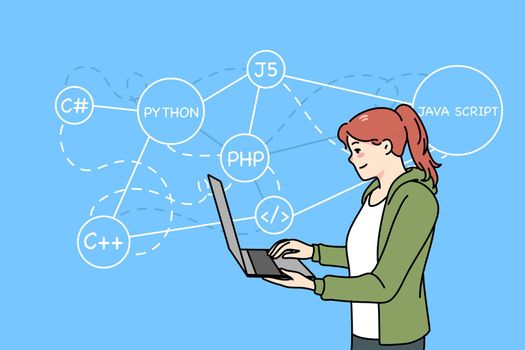 Female programmer working on computer writing codes. Woman coder or software engineer busy at laptop. PHP, Java and Python languages. Flat vector illustration.