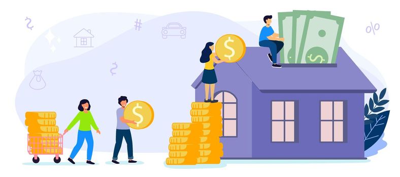 Saving to buy a house or home savings vector illustration concept Planning savings money to buy home Real estate or property investment. Mortgage concept House loan or money investment to real estate