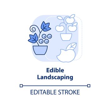 Edible landscaping light blue concept icon. Include food plants. Gardening method abstract idea thin line illustration. Isolated outline drawing. Editable stroke. Arial, Myriad Pro-Bold fonts used