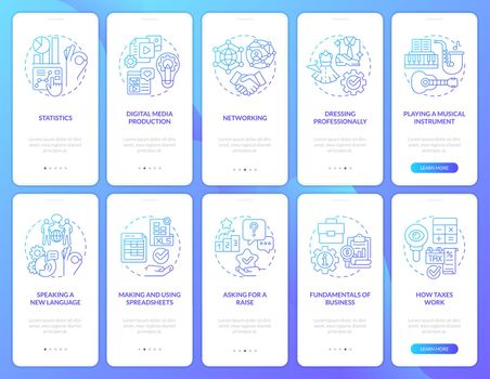 Important skills for life blue gradient onboarding mobile app screen set. Walkthrough 5 steps graphic instructions with linear concepts. UI, UX, GUI template. Myriad Pro-Bold, Regular fonts used
